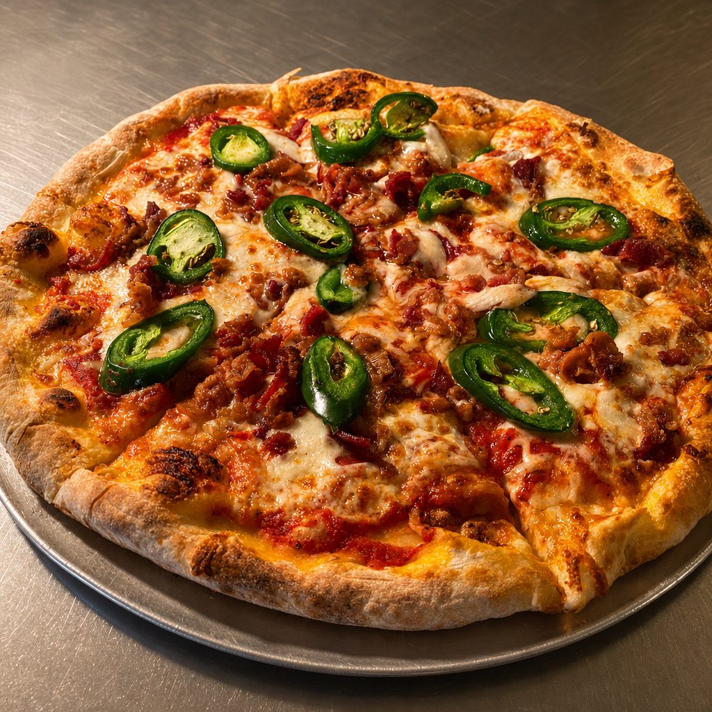 Tommy V's Heatlovers Bacon & Jalapeno Pizza.